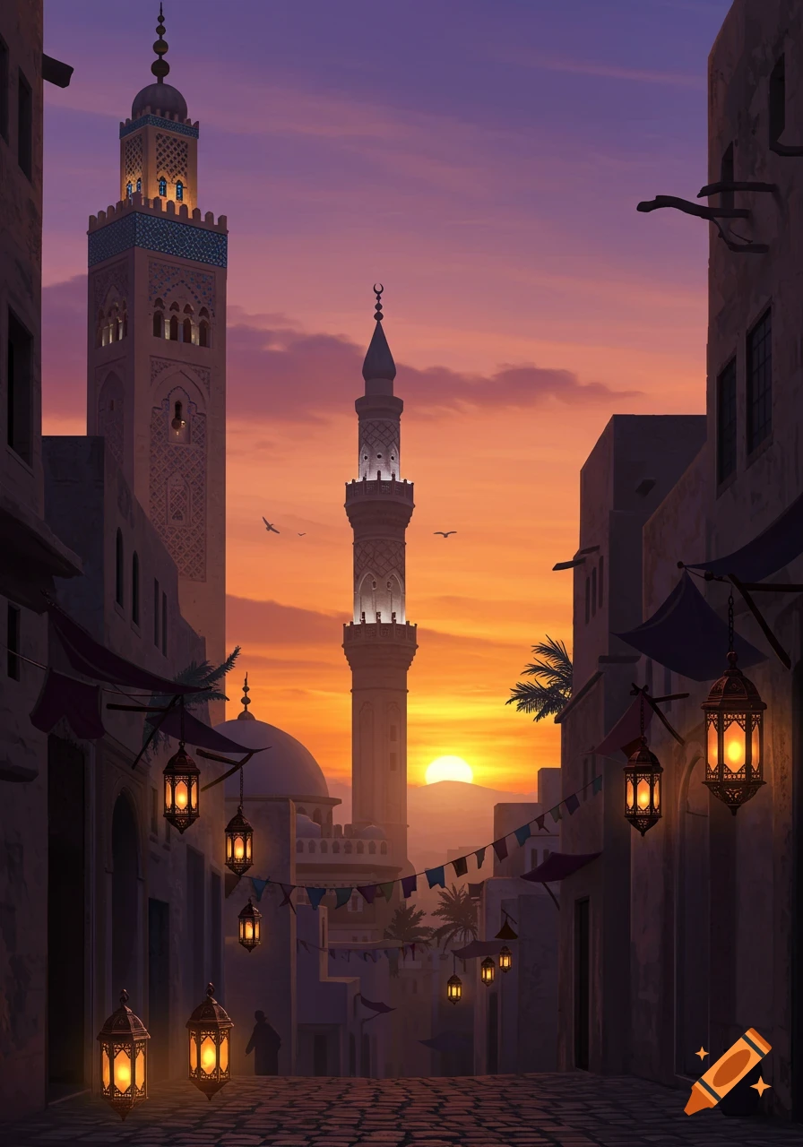 An illuminated street in a Middle Eastern city at sunset, featuring tall minarets and ornate hanging lanterns.