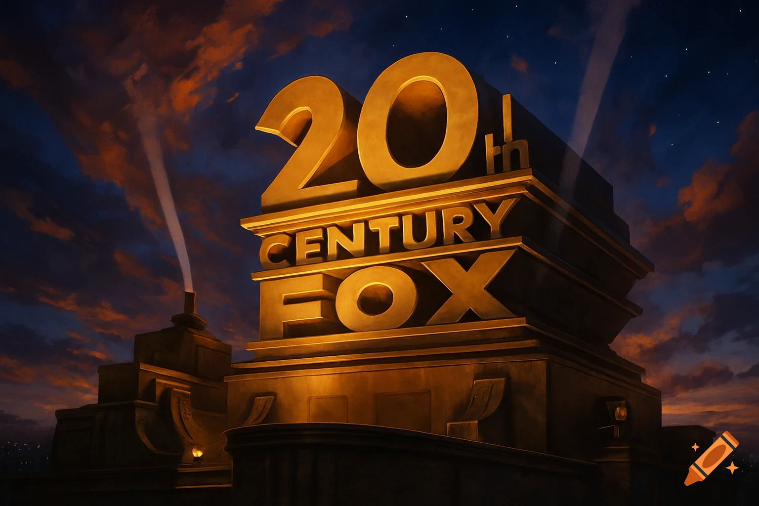 The iconic 20th Century Fox logo with searchlights sweeping across a dramatic sunset sky.