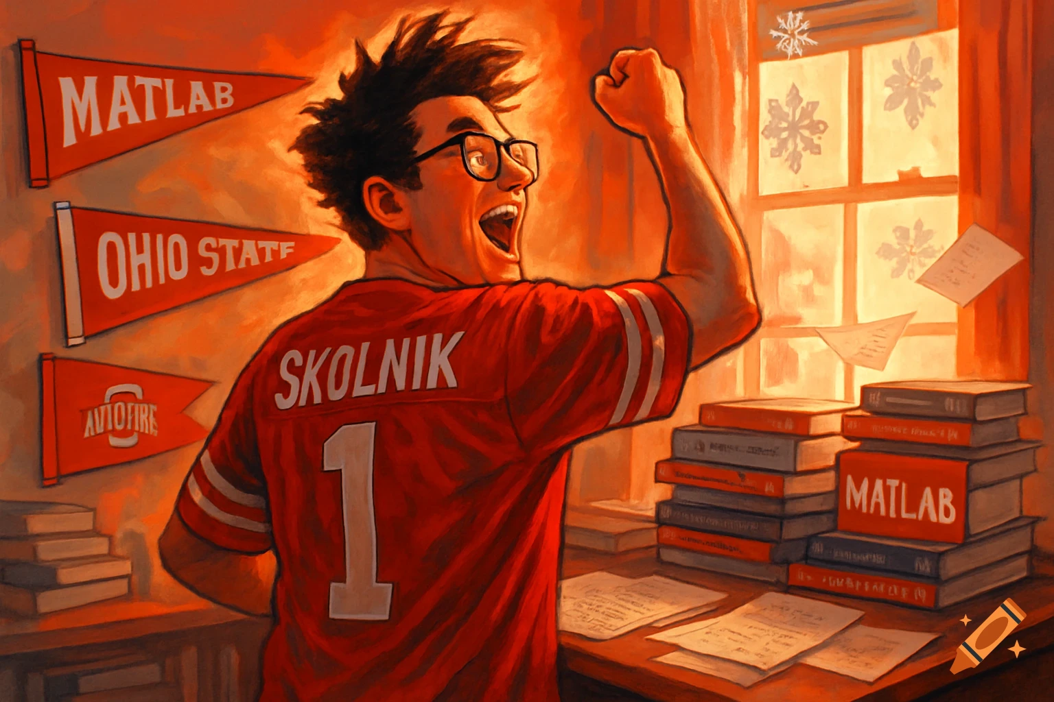 An excited nerdy man with glasses and spiky hair, wearing an Ohio State 'Skolnik 1' jersey, stands in a room with MATLAB and Ohio State pennants, and stacks of books.