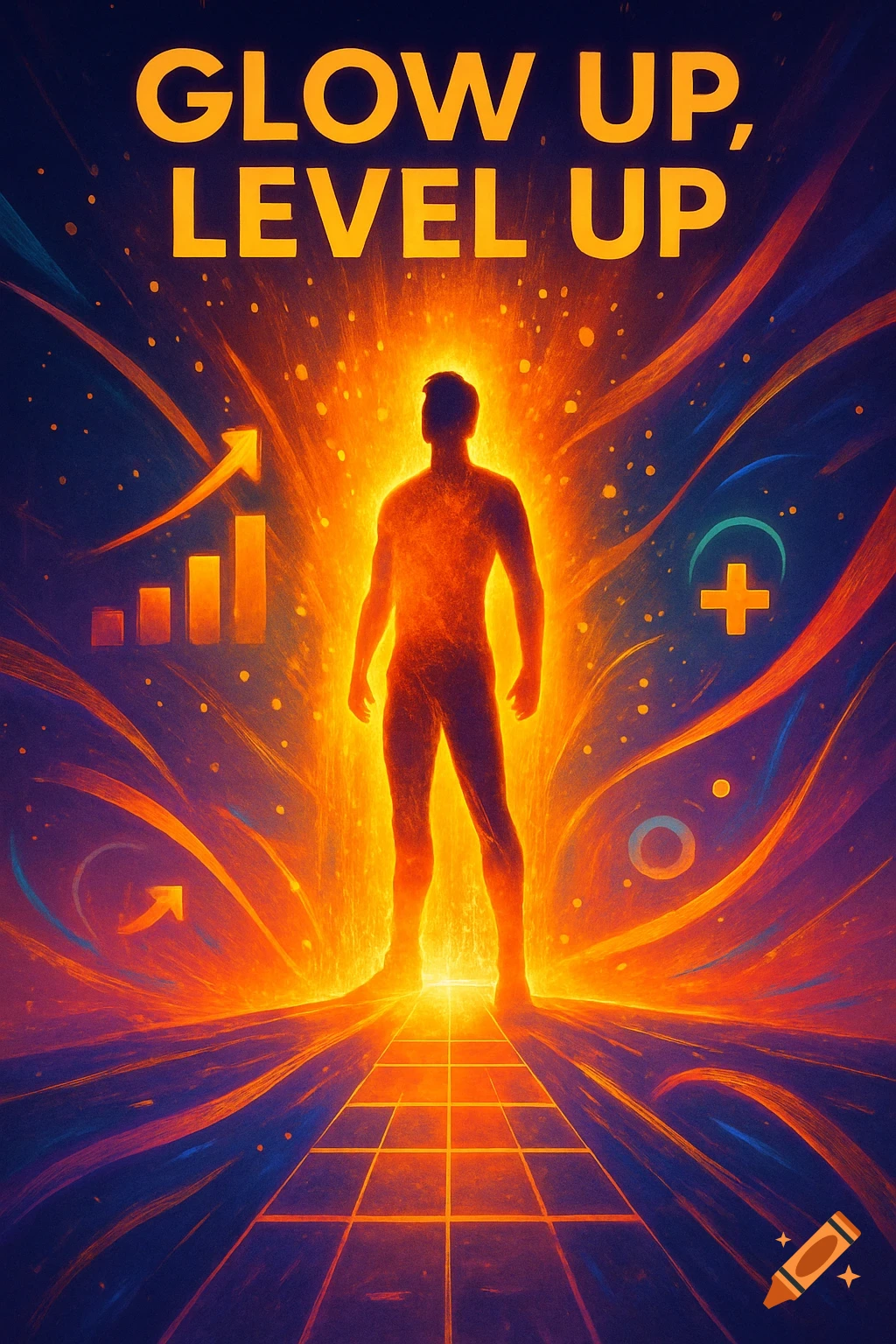 A glowing silhouette of a person on a grid, surrounded by abstract orange and blue light and symbols of growth. Text: 'GLOW UP, LEVEL UP'.