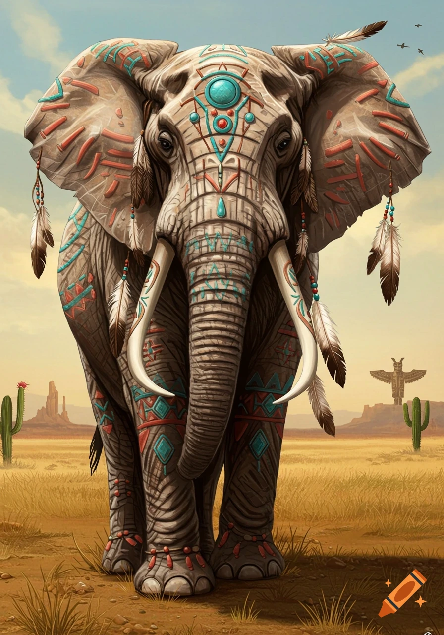 An elephant adorned with colorful Native American patterns and feathers stands in a desert landscape.