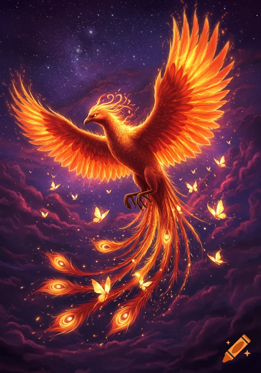 Vibrant flaming phoenix with glowing wings and tail feathers flies through a starry night sky, surrounded by radiant butterflies.