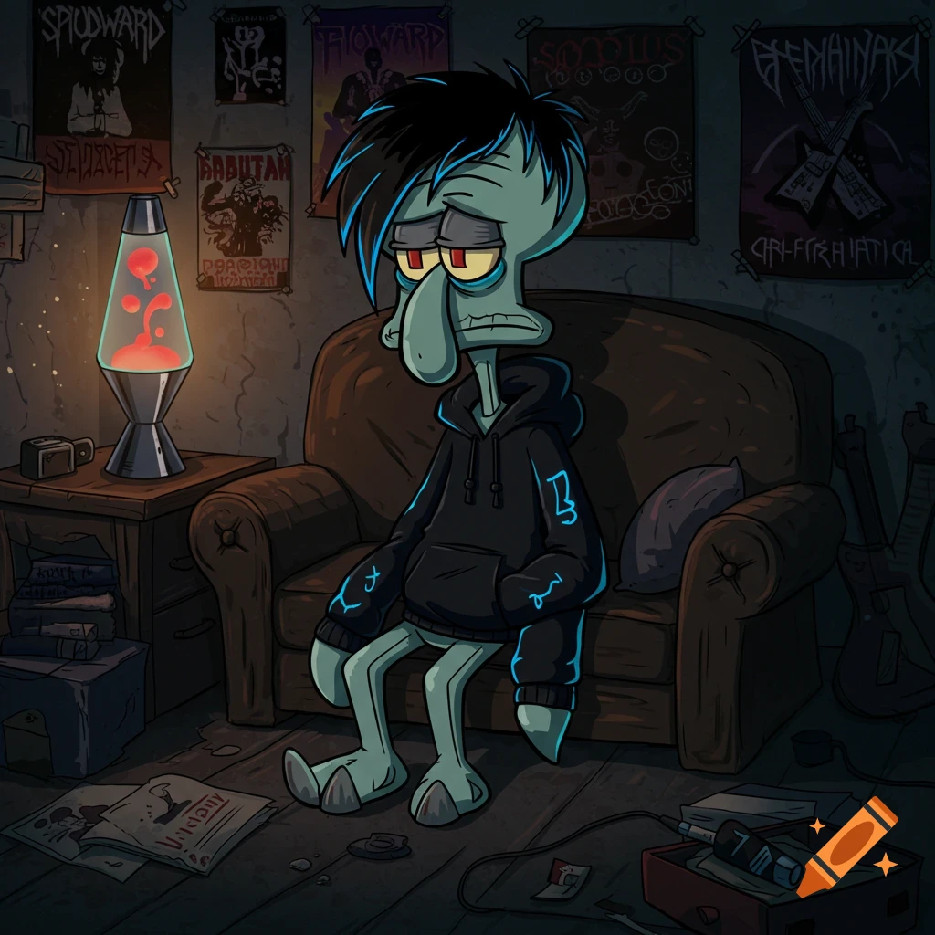 Cartoon emo Squidward sits sullenly on a couch in a dimly lit room, surrounded by band posters and a lava lamp.
