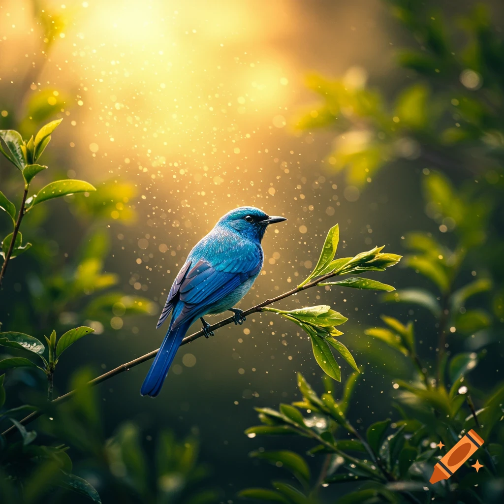 A vibrant blue bird perches on a branch in a sun-dappled forest, with golden light and sparkling air.
