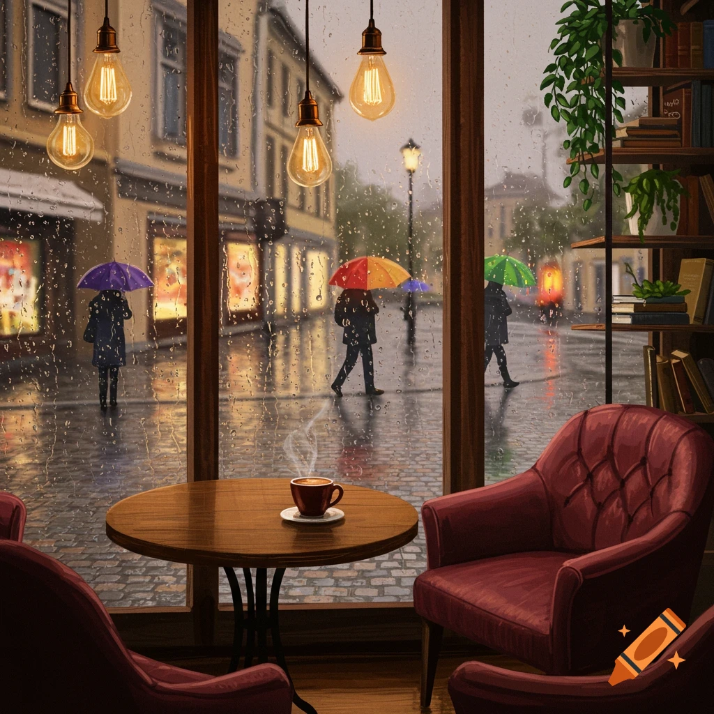 View from a cozy cafe interior with a steaming coffee cup on a wooden table, looking out at a rainy city street with people holding colorful umbrellas.