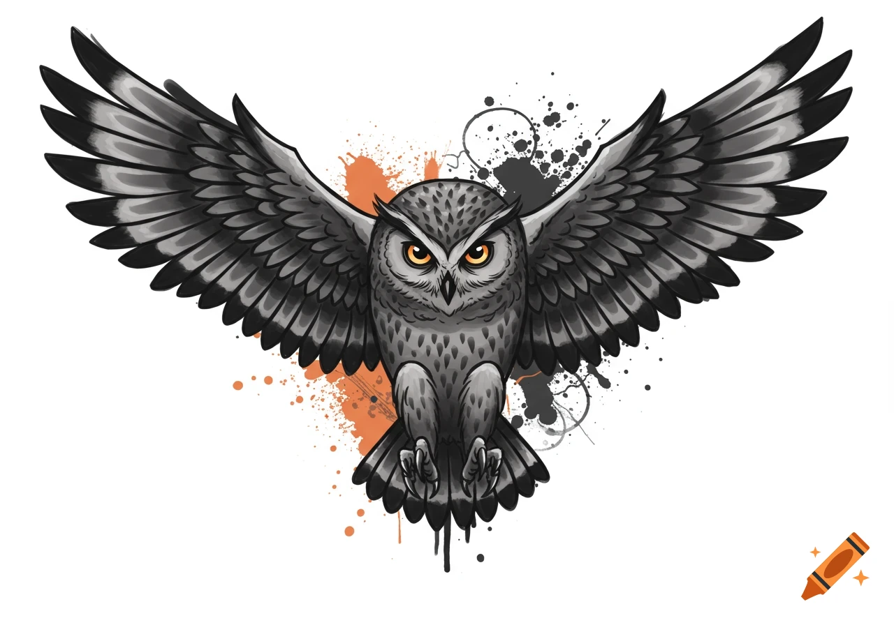 A stylized black and gray owl with spread wings and orange-yellow eyes, set against a backdrop of orange and black paint splatters in a Trash polka style.