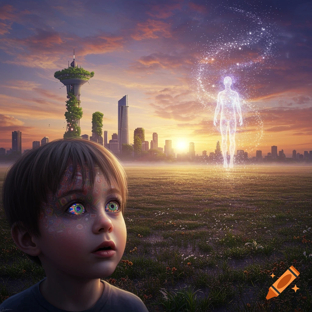 A child with patterned skin and kaleidoscopic eyes looks up at a glowing figure in a futuristic city at sunset, surreal style.