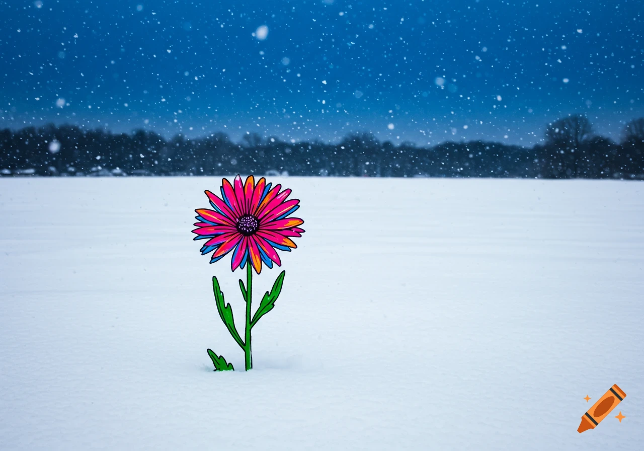A vibrant, pop art style flower with pink, orange, and blue petals in a snowy field with falling snow.