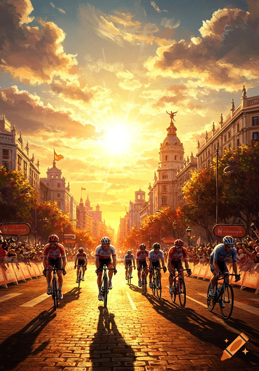 Impressionistic painting of cyclists racing down a cobblestone city street during a vibrant golden sunset, with crowds and grand buildings.