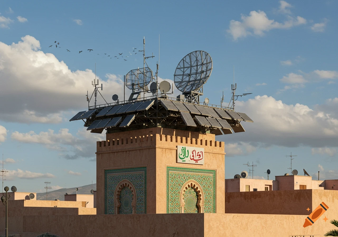 A Moroccan-style building with green decorative arches, a sign with Arabic text, and a roof covered in satellite dishes and solar panels, under a blue sky.