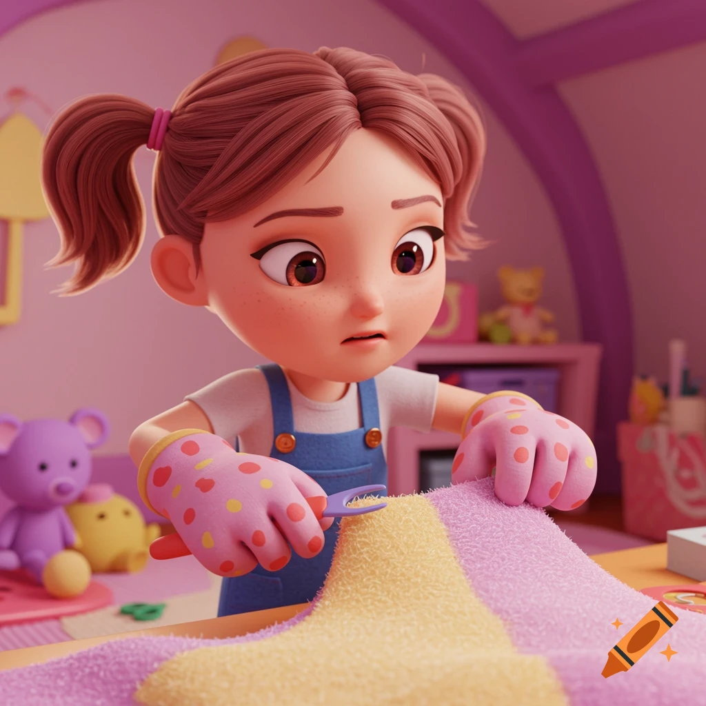 A 3D cartoon girl with pigtails and pink polka-dot gloves meticulously scratching yellow and pink fabric in a pink room.