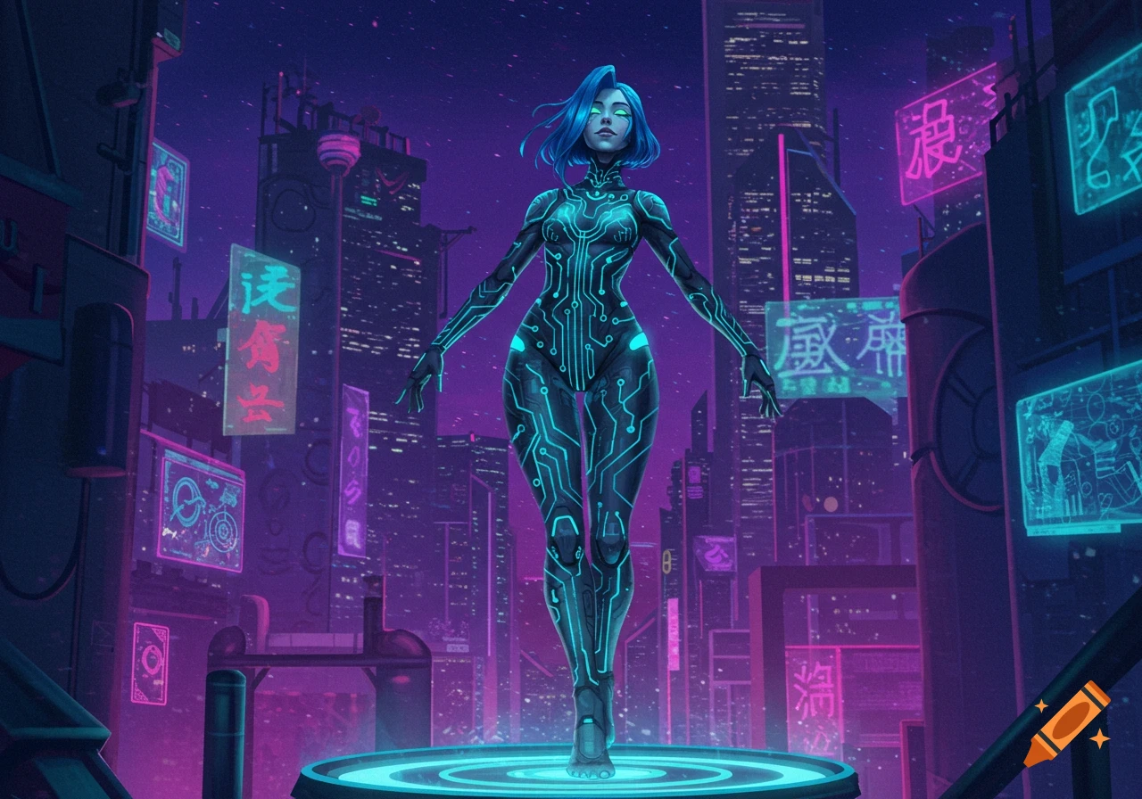A blue-haired female humanoid in a glowing circuit-patterned bodysuit floats in a neon-lit cyberpunk city at night.