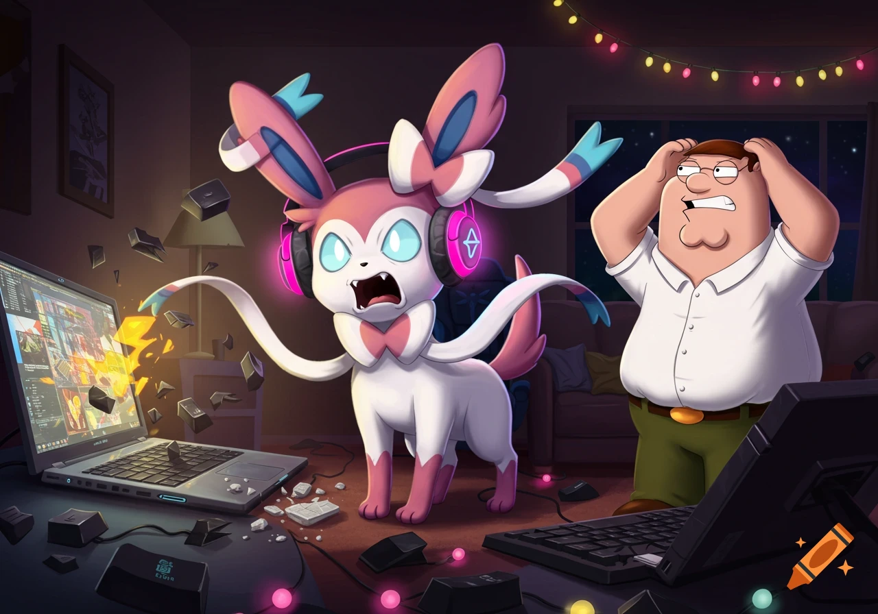 Sylveon wearing gaming headphones rages at a laptop, smashing keyboard keys, while Peter Griffin watches in confusion in a dimly lit room with string lights.