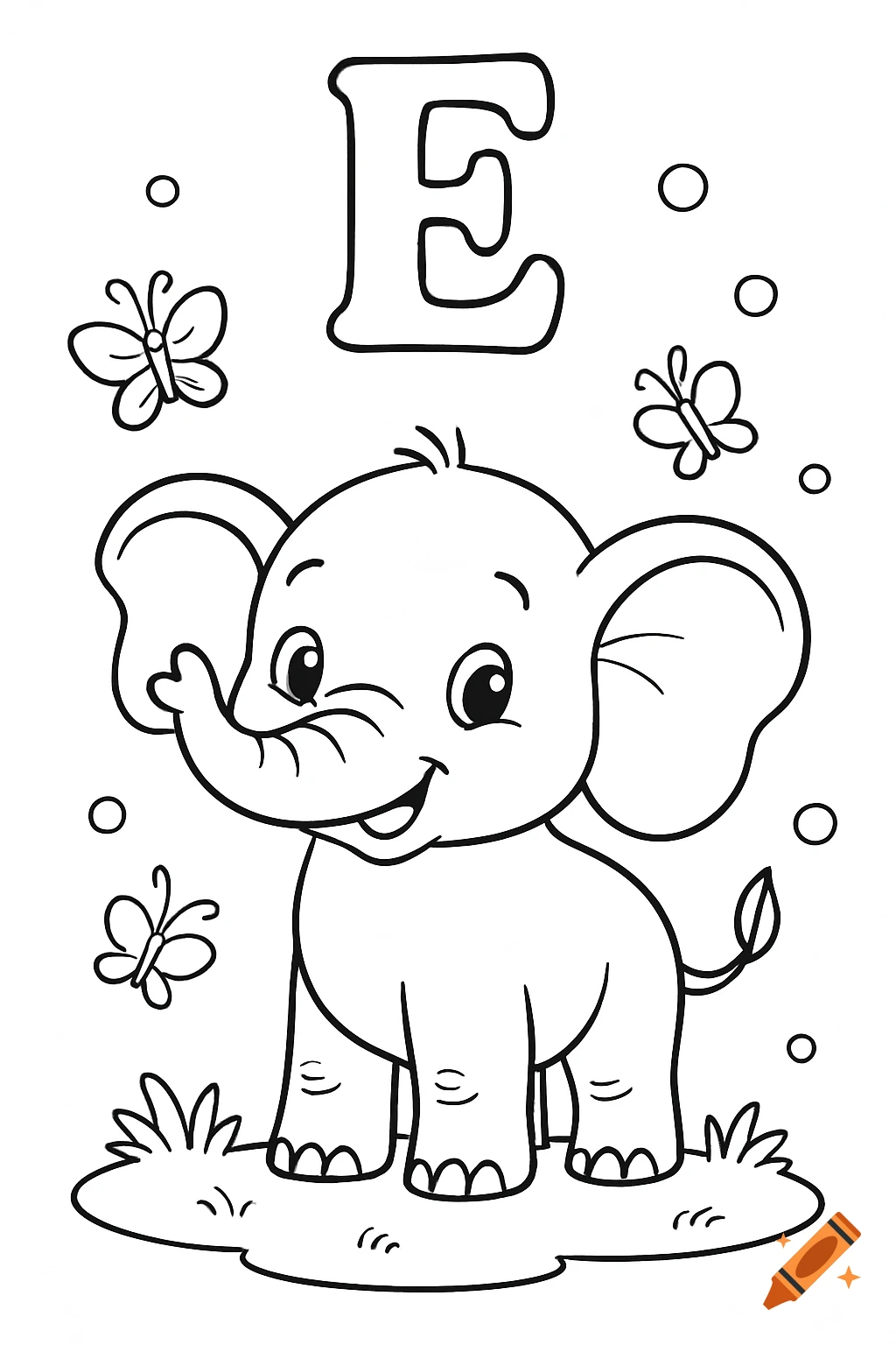 Black and white coloring page with a cartoon baby elephant, butterflies, and the letter E.