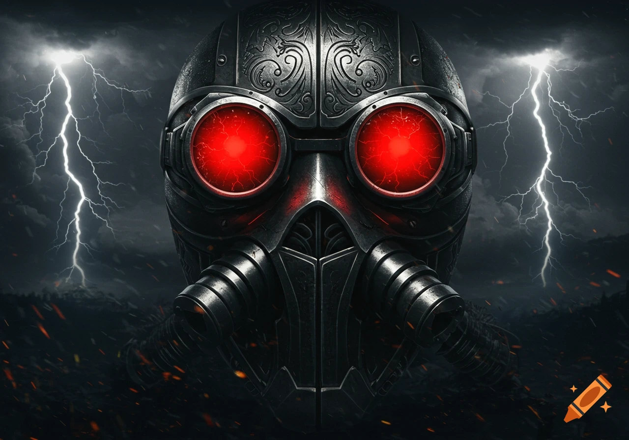 A menacing metal mask with glowing red eyes and a gas mask-like lower face against a dark, stormy sky with lightning.