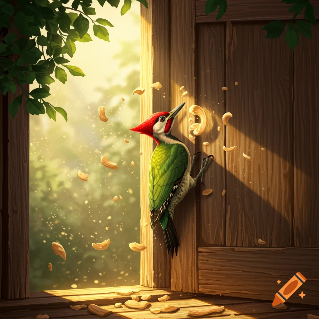 A colorful woodpecker with a red head and green body pecks a wooden door frame, surrounded by flying wood chips in warm sunlight.