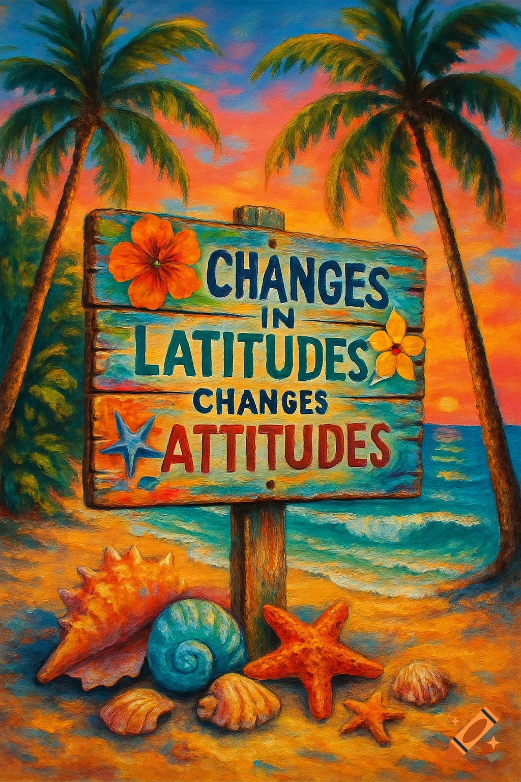 An oil painting of a tropical beach at sunset with a wooden sign reading "Changes in Latitudes Changes in Attitudes," surrounded by seashells and starfish.