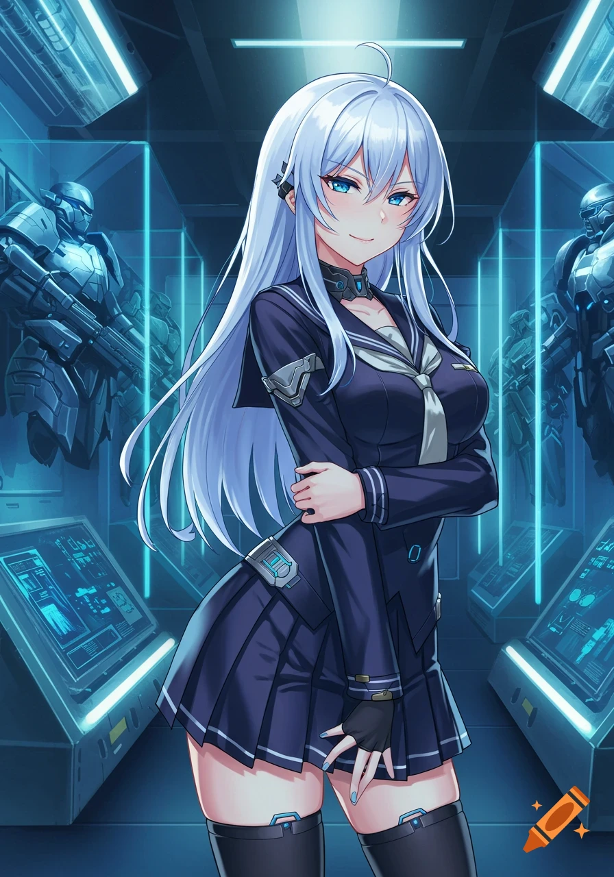 Anime girl with long pale bluish-white hair and blue eyes smirking in a futuristic school uniform in a sci-fi armory with armored soldiers.