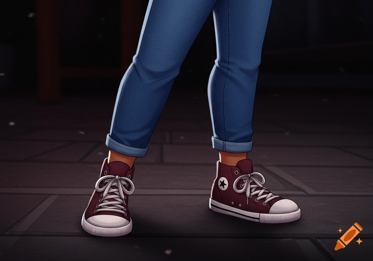 A cartoon of a person's brown legs in blue jeans and maroon high-top sneakers with white laces, standing on a dark floor.