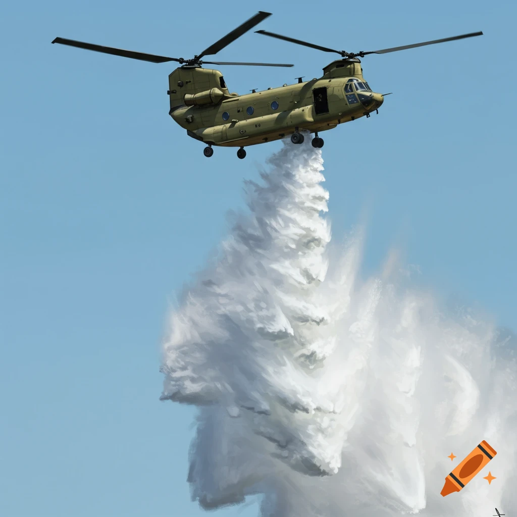 A military Chinook helicopter in a blue sky drops a large plume of white water, likely for firefighting.