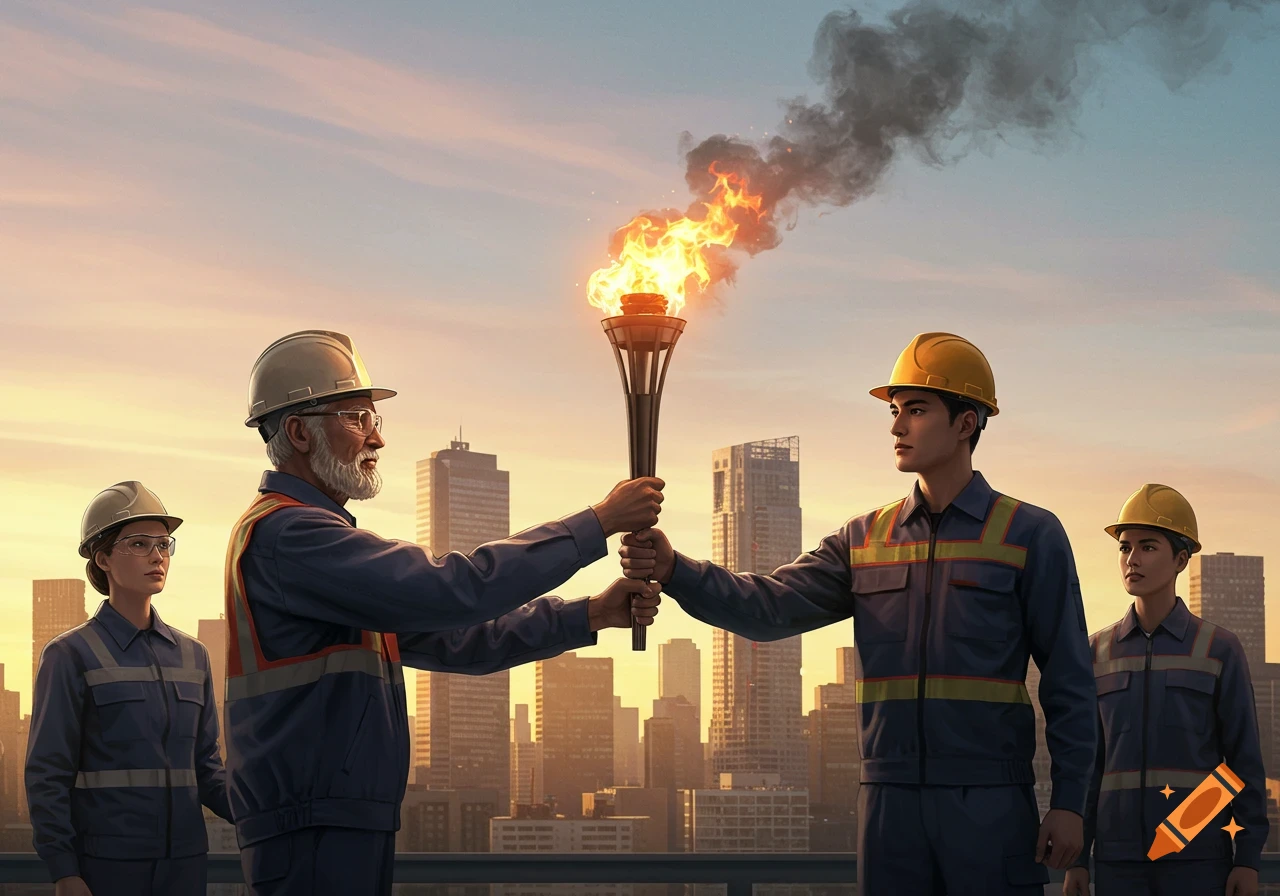 Intergenerational workers in hard hats and uniforms pass a flaming torch on a city rooftop at sunset.