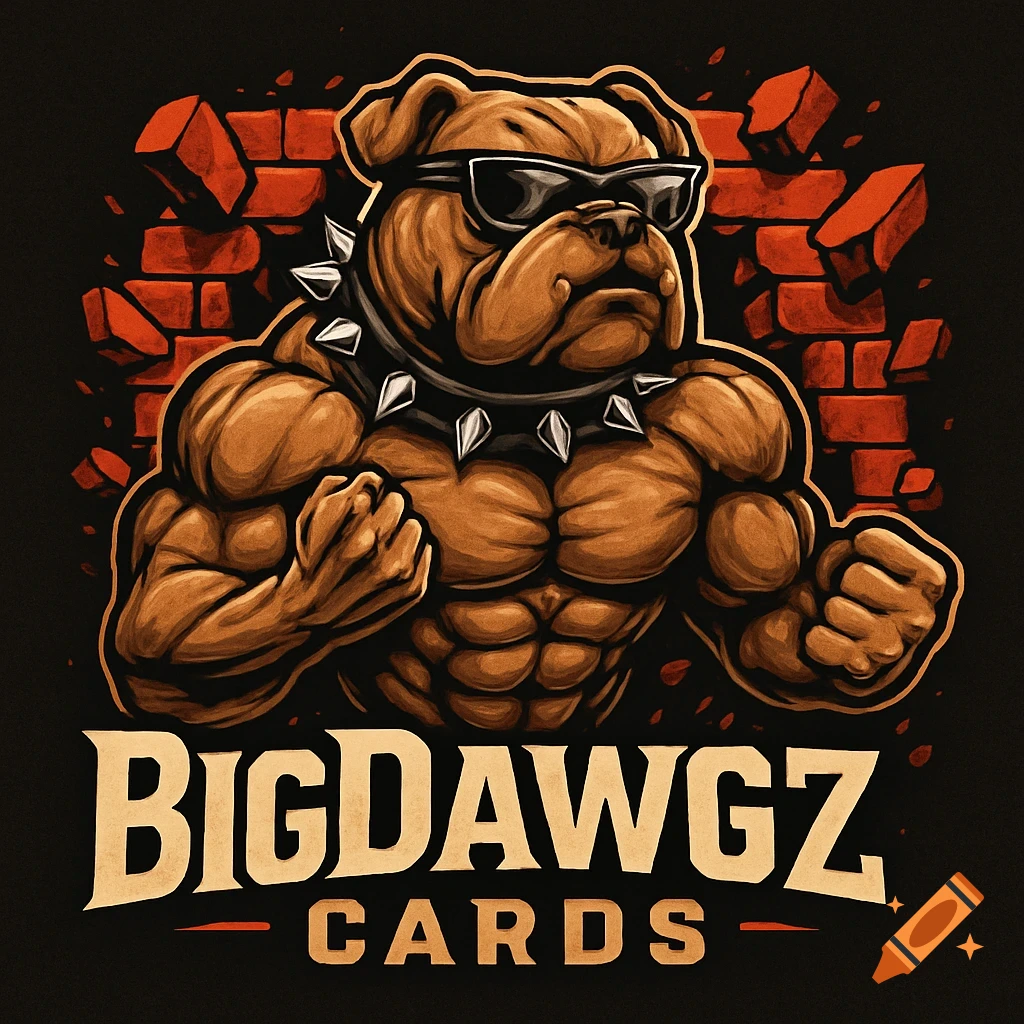 Illustration of a tough, muscular bulldog wearing sunglasses and a spiked collar, flexing as it breaks through a brick wall, with "BIGDAWGZ CARDS" text below.