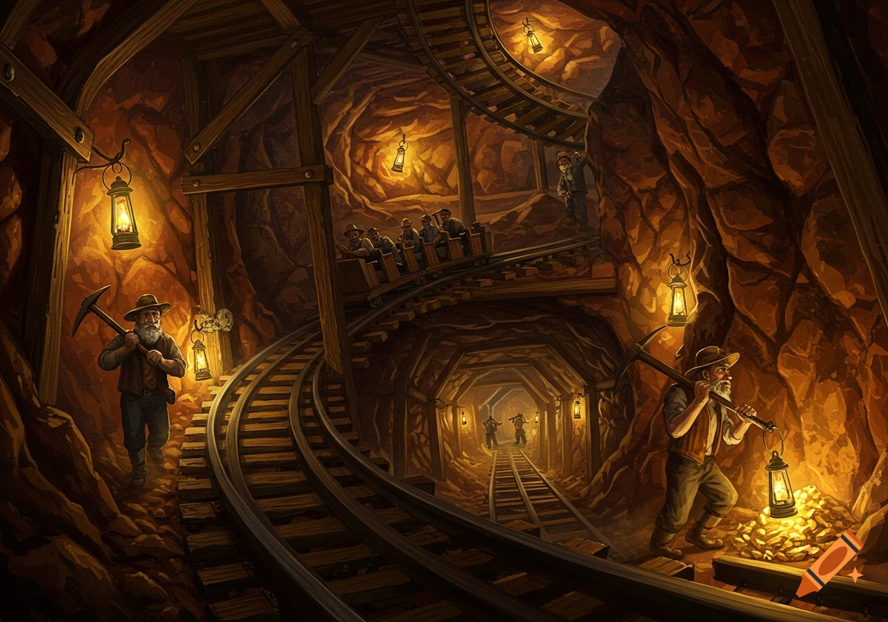 Illustrated scene of miners working in a deep, lamp-lit gold mine with railway tracks and carts.