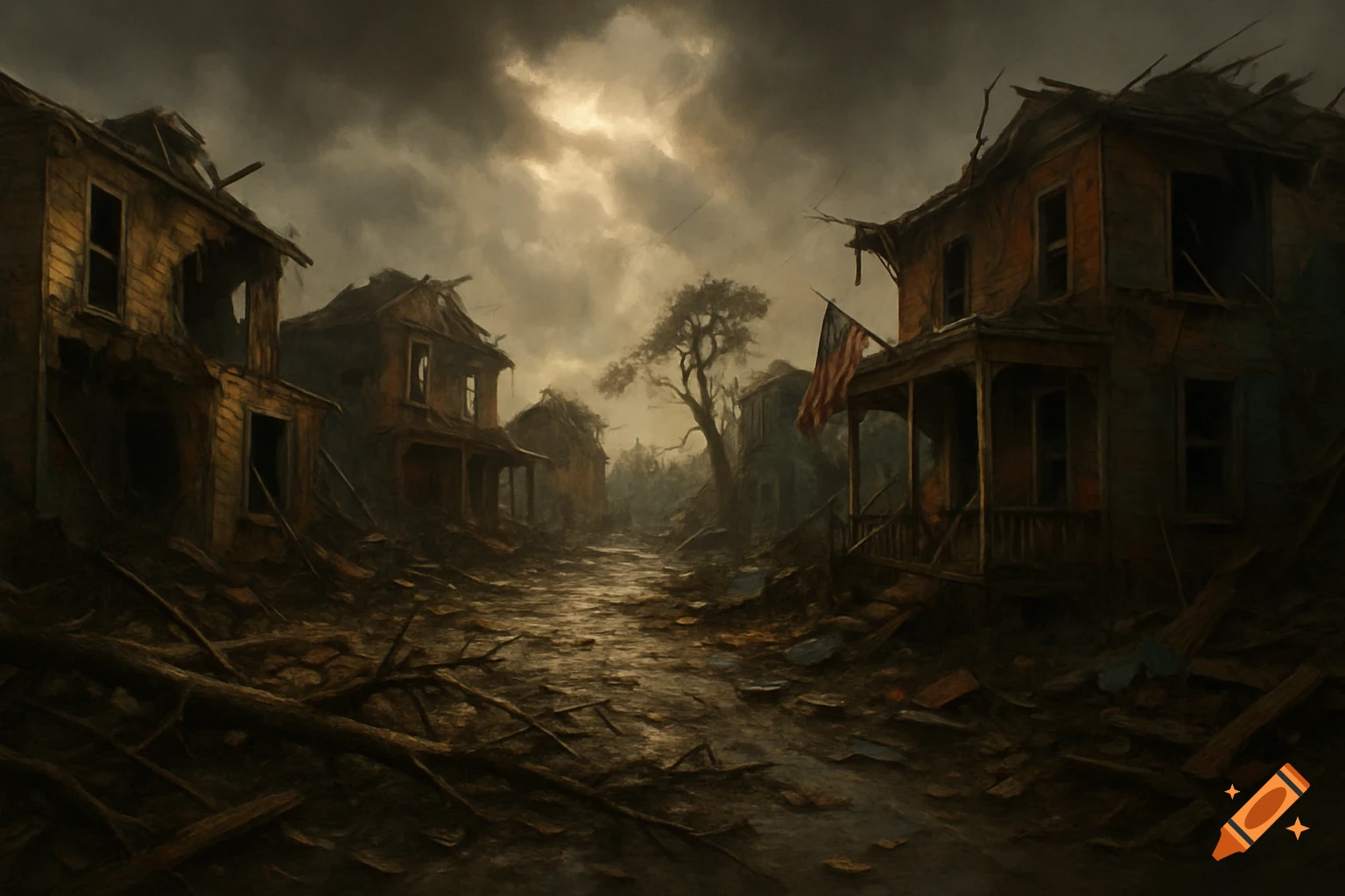 A dark, gloomy painting of a ruined street with dilapidated houses under a stormy sky, debris scattered, and a tattered US flag.