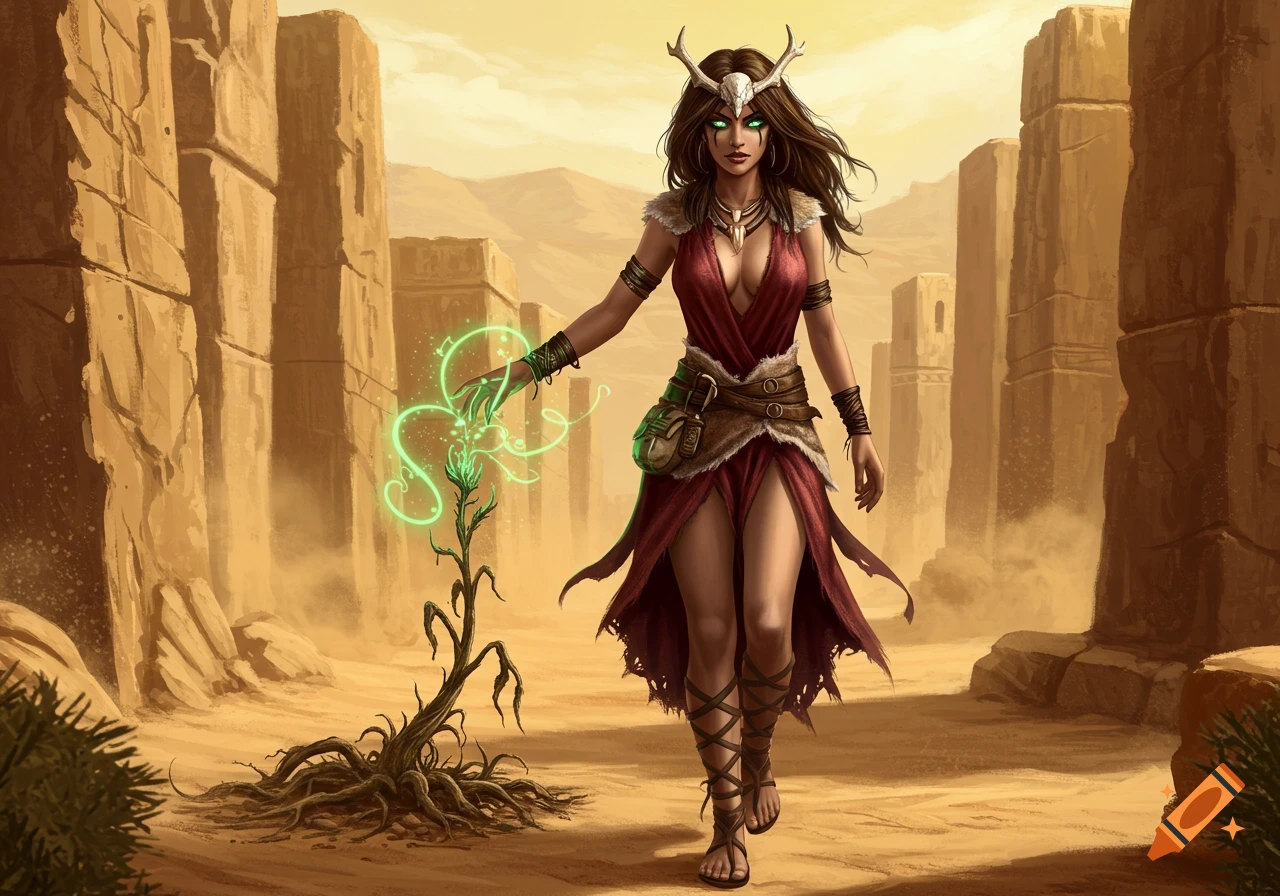 Fantasy art of a dark-haired woman in a red dress and antler circlet, draining life from a plant with green magic in a desert city.