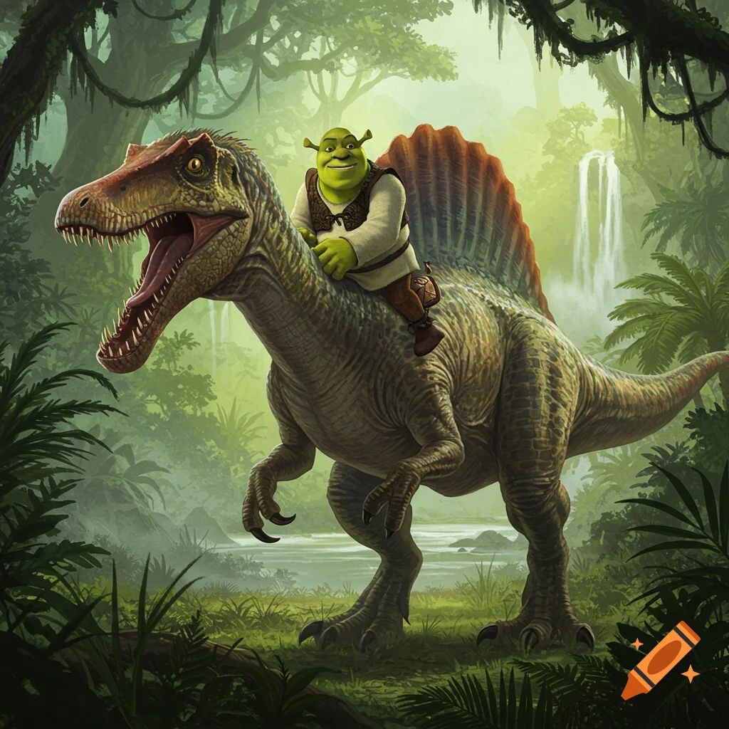 Shrek rides a Spinosaurus through a lush, verdant jungle with waterfalls in this detailed animated illustration.