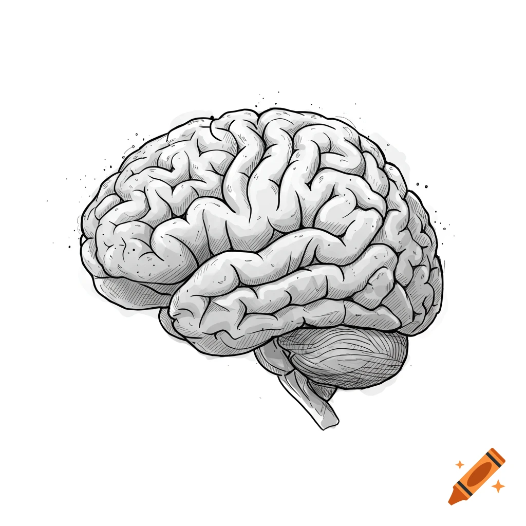 A detailed, gray sketch of a human brain with a clean line art style, on a white background.