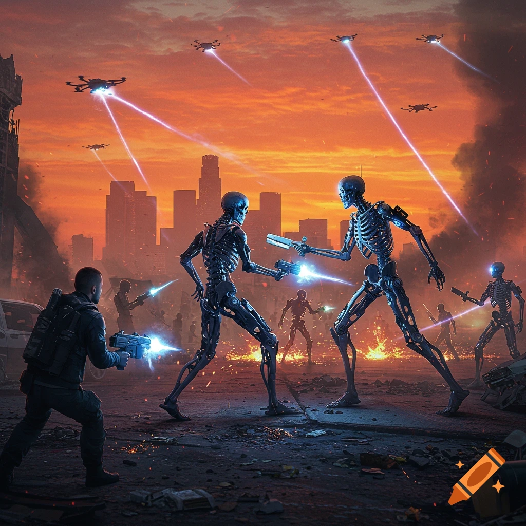 A human soldier battles skeleton robots in a destroyed city at sunset, with drones firing lasers from the sky.