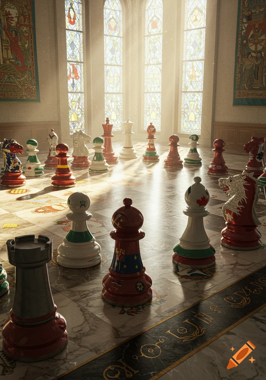 A grand hall with a large marble chessboard featuring chess pieces adorned with various national flags under bright stained-glass windows.