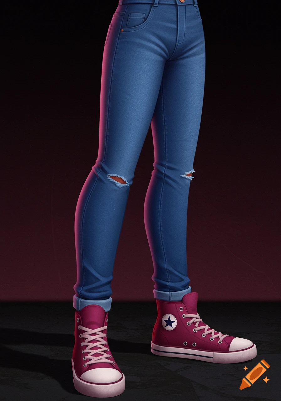 Close-up of a person wearing blue ripped jeans and maroon high-top sneakers, depicted in a smooth cartoon style.