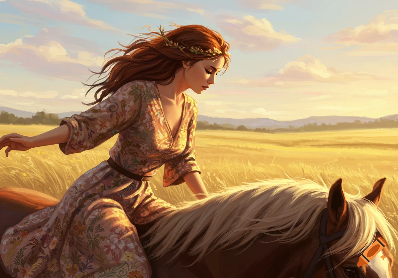 Illustrative painting of a woman with red hair in a floral dress riding a horse through a golden field at sunset.
