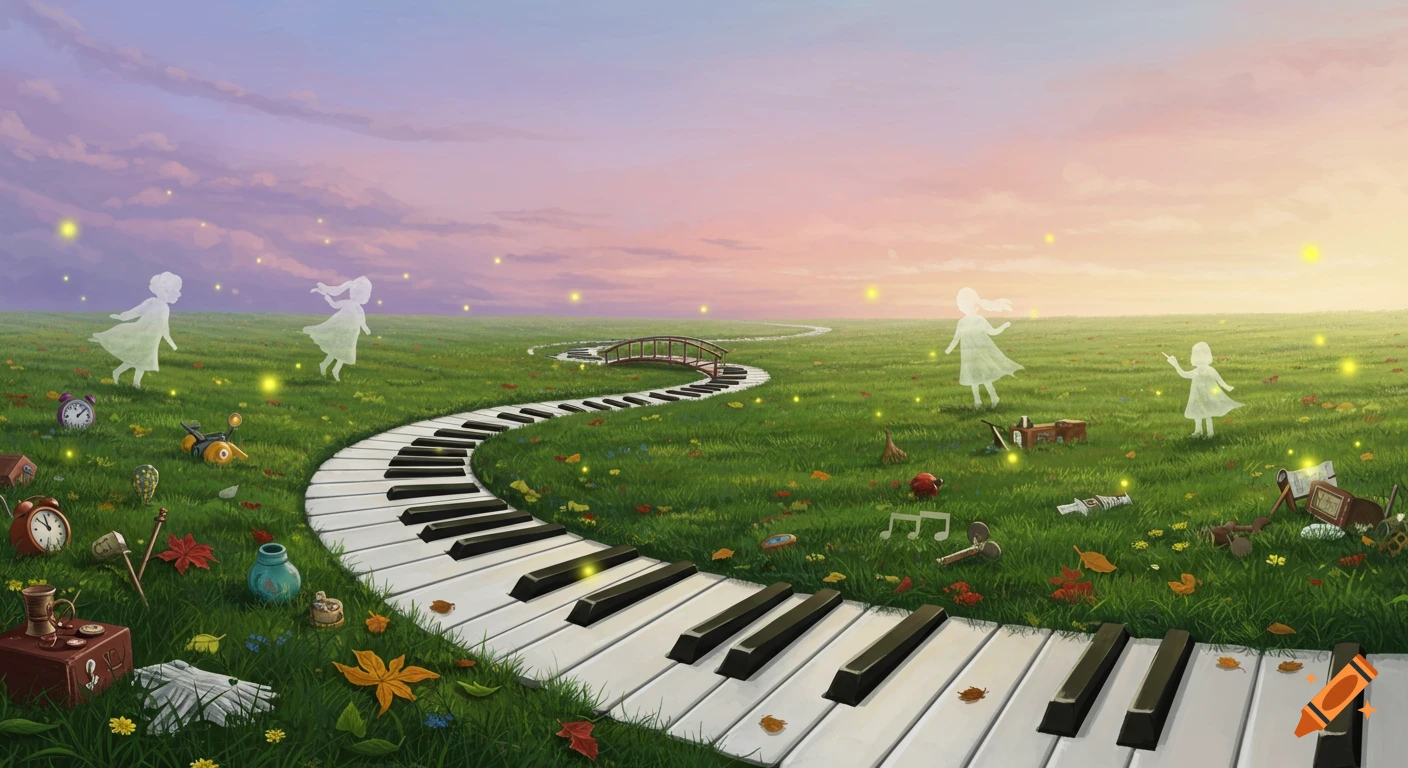 A whimsical illustration of a piano key path winding through a grassy field under a pastel sky, with ghost-like children and vintage items.