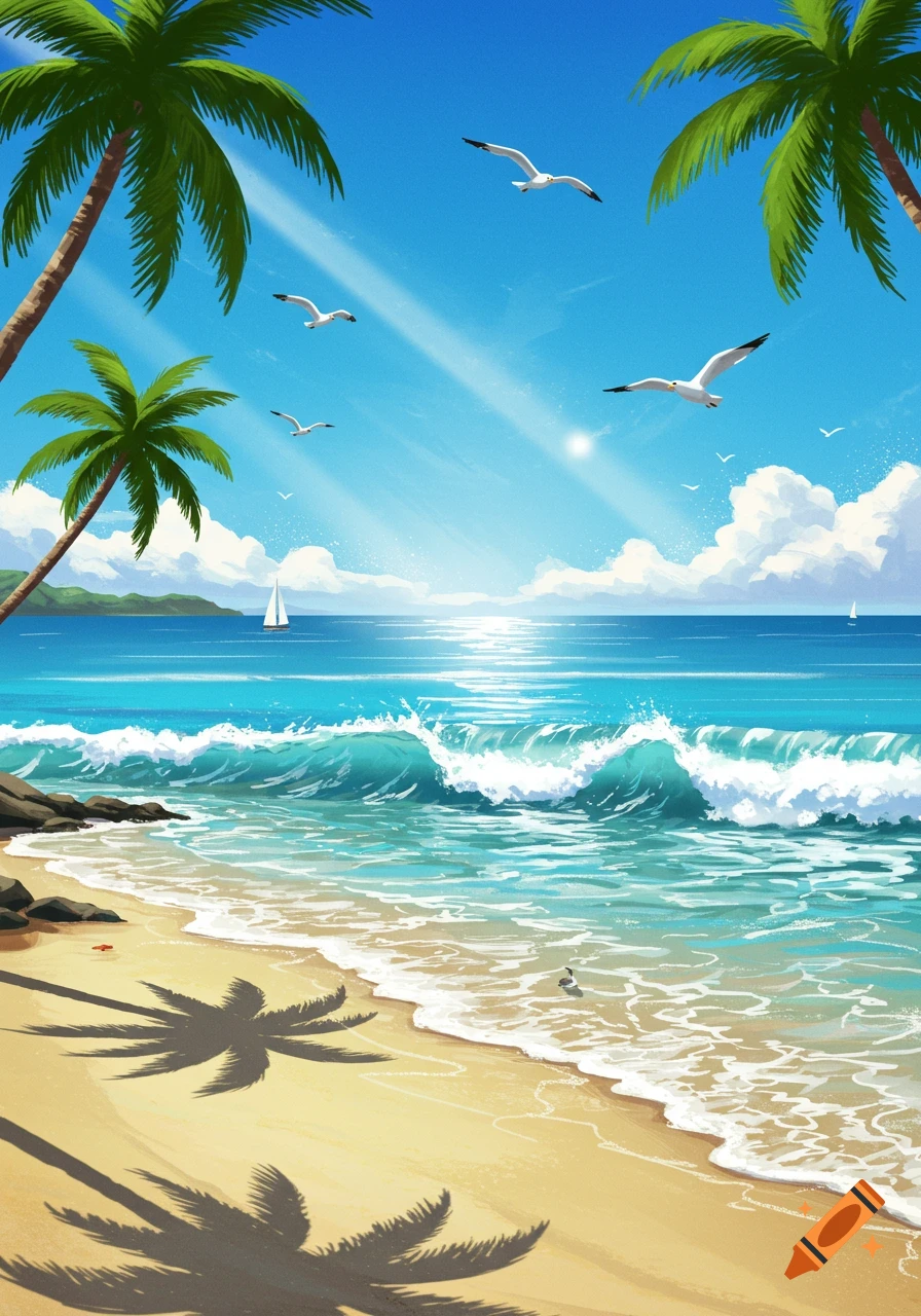 Bright, stylized illustration of a sunny tropical beach with palm trees, blue ocean waves, white sand, and seagulls flying under a clear sky.