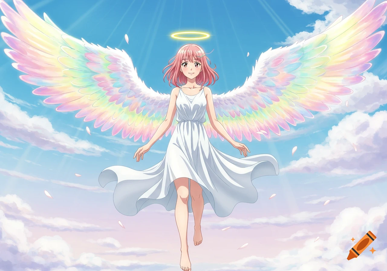 An anime-style girl with pink hair, angel wings, and a halo floats gracefully in a white dress against a blue sky with clouds.