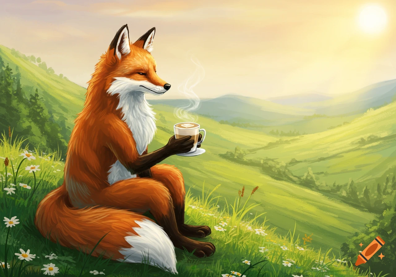 A cartoon anthropomorphic red fox sits on a grassy hillside, drinking a latte. Rolling green hills and a bright sun are in the background.