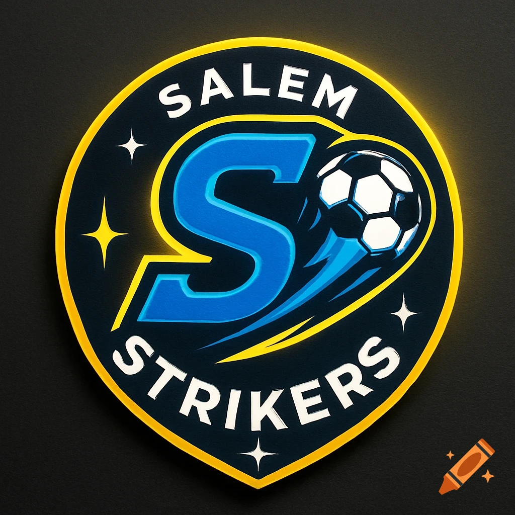 A dark blue soccer team logo with 'SALEM' at the top and 'STRIKERS' at the bottom, featuring a blue 'S' and a soccer ball.
