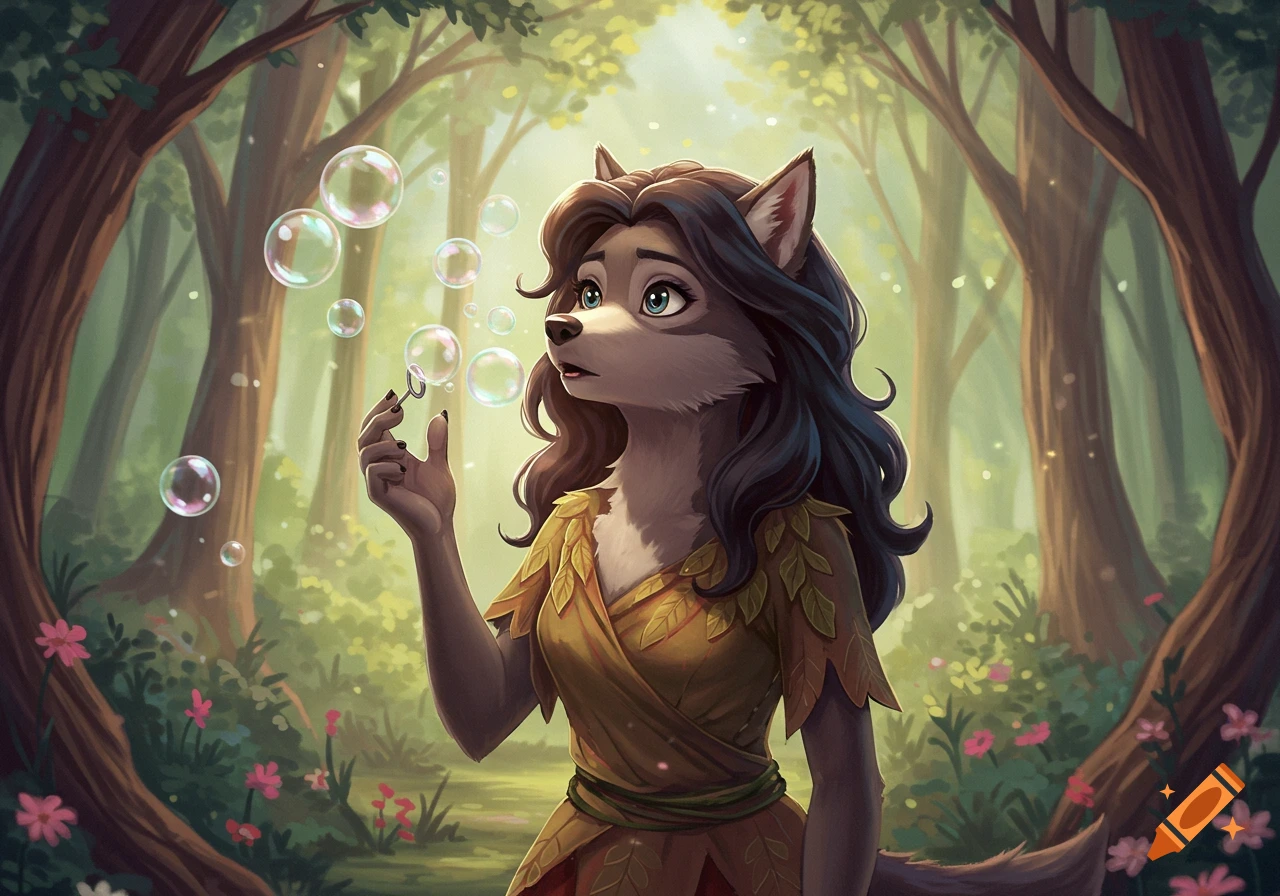 A Disney-style anthropomorphic wolf woman with dark hair blowing bubbles with a wand in a sunny, whimsical forest.
