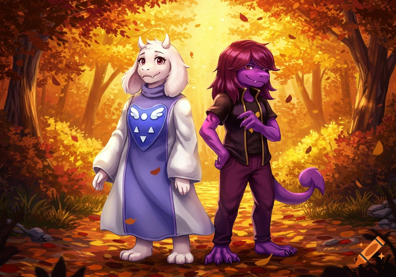 Toriel and Susie from Deltarune stand in a vibrant autumn forest with golden leaves.