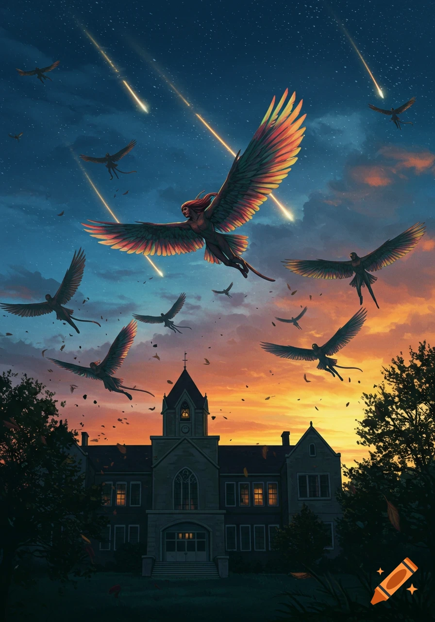 Winged human-like figures fly over a dark, old school building at sunset under a starry sky with meteors.