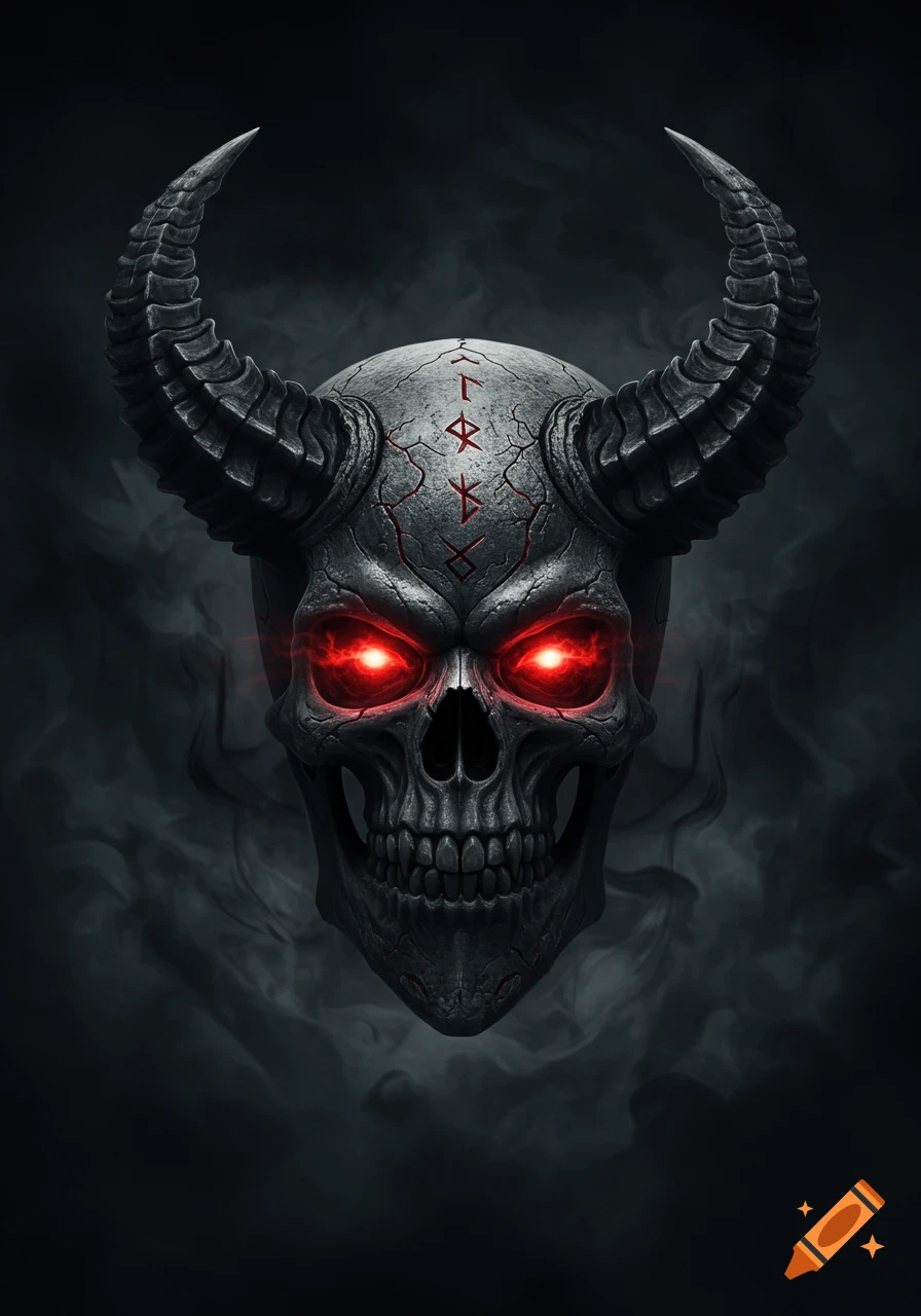 A dark, cracked demon skull with large curved horns and glowing red eyes, surrounded by smoke.