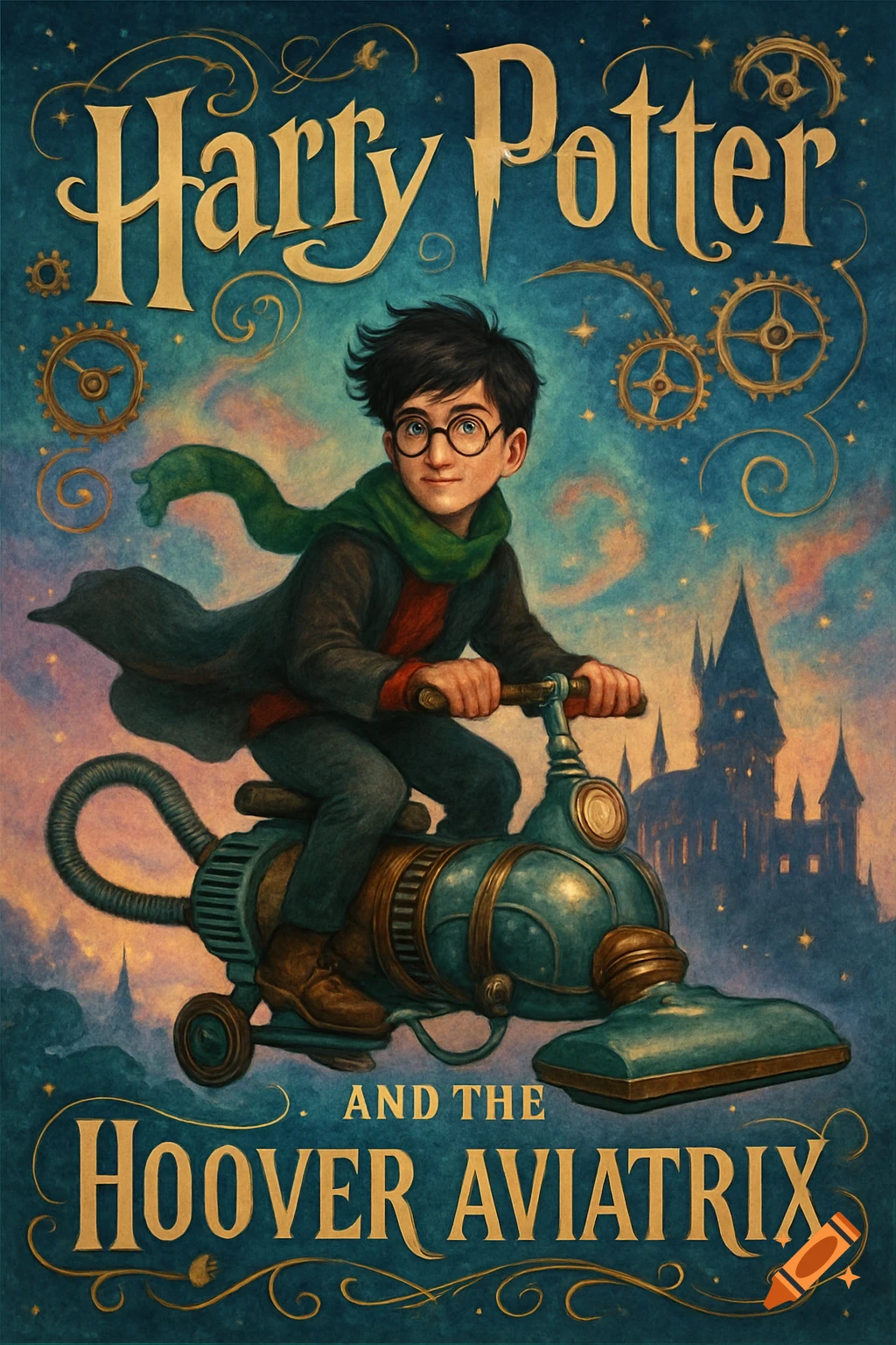 Illustrated book cover of a young boy resembling Harry Potter riding a flying vacuum cleaner over a castle, under a starry sky with gears.