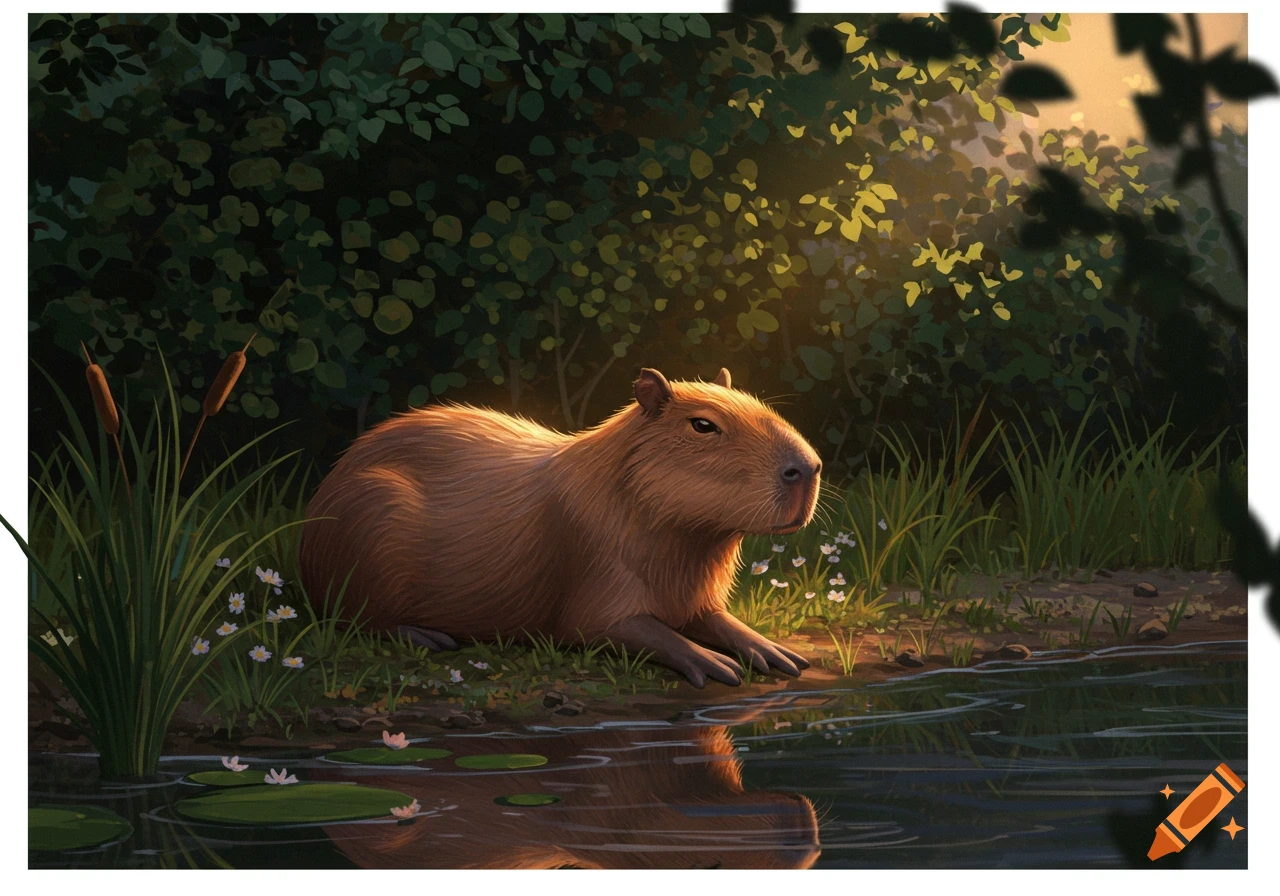 A capybara sits by a reflective pond at the edge of a lush forest, illuminated by golden sunlight.