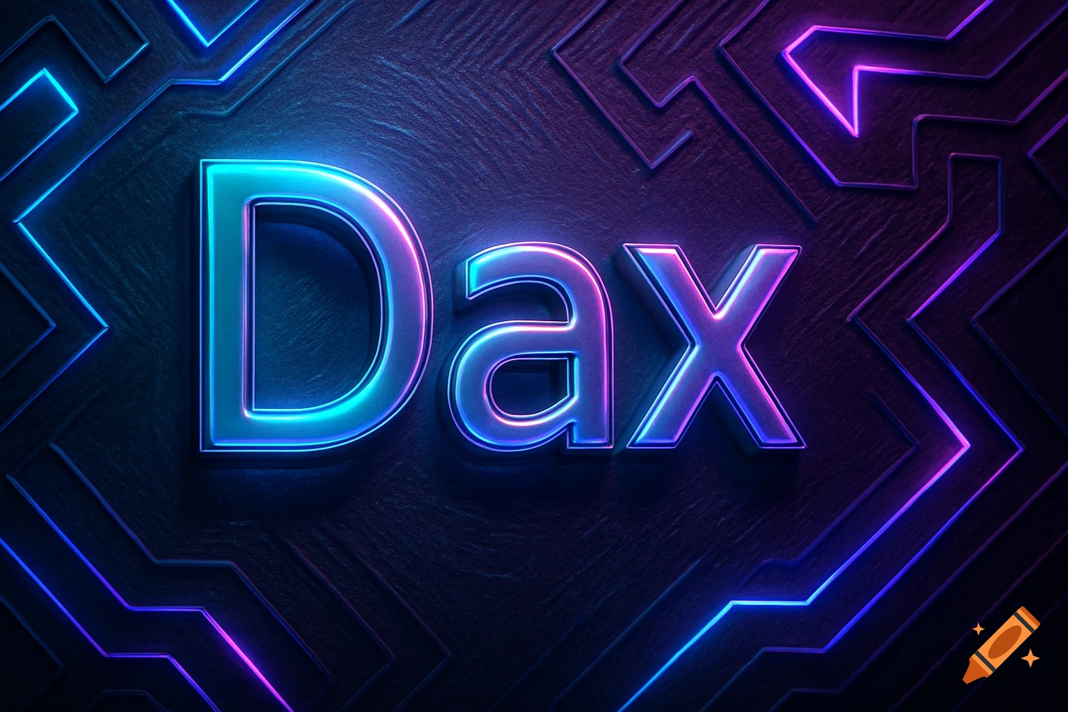 3D neon blue and purple glowing word 'Dax' on a dark, textured background with circuit-like patterns.