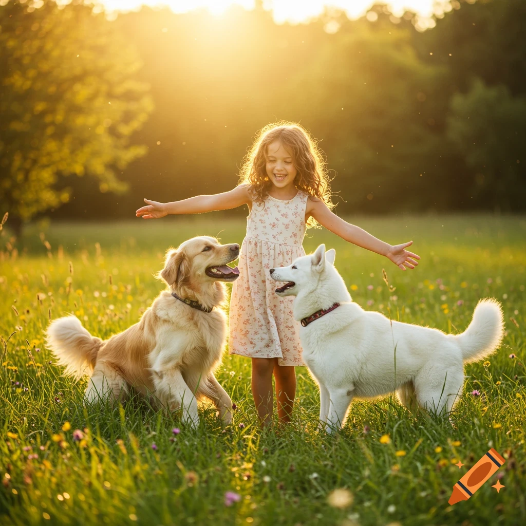 A joyful young girl with outstretched arms plays with a golden retriever and a white husky in a sunny, grassy field.