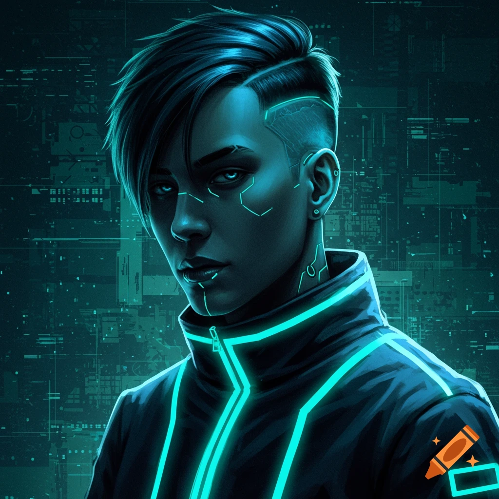 A close-up digital art portrait of a cyberpunk person with glowing blue lines on their face, hair, and black jacket, against a dark data stream background.