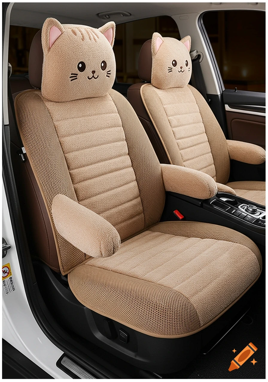 Photorealistic beige plush cat seat covers on front car seats, featuring mesh accents and cute cat faces on headrests.